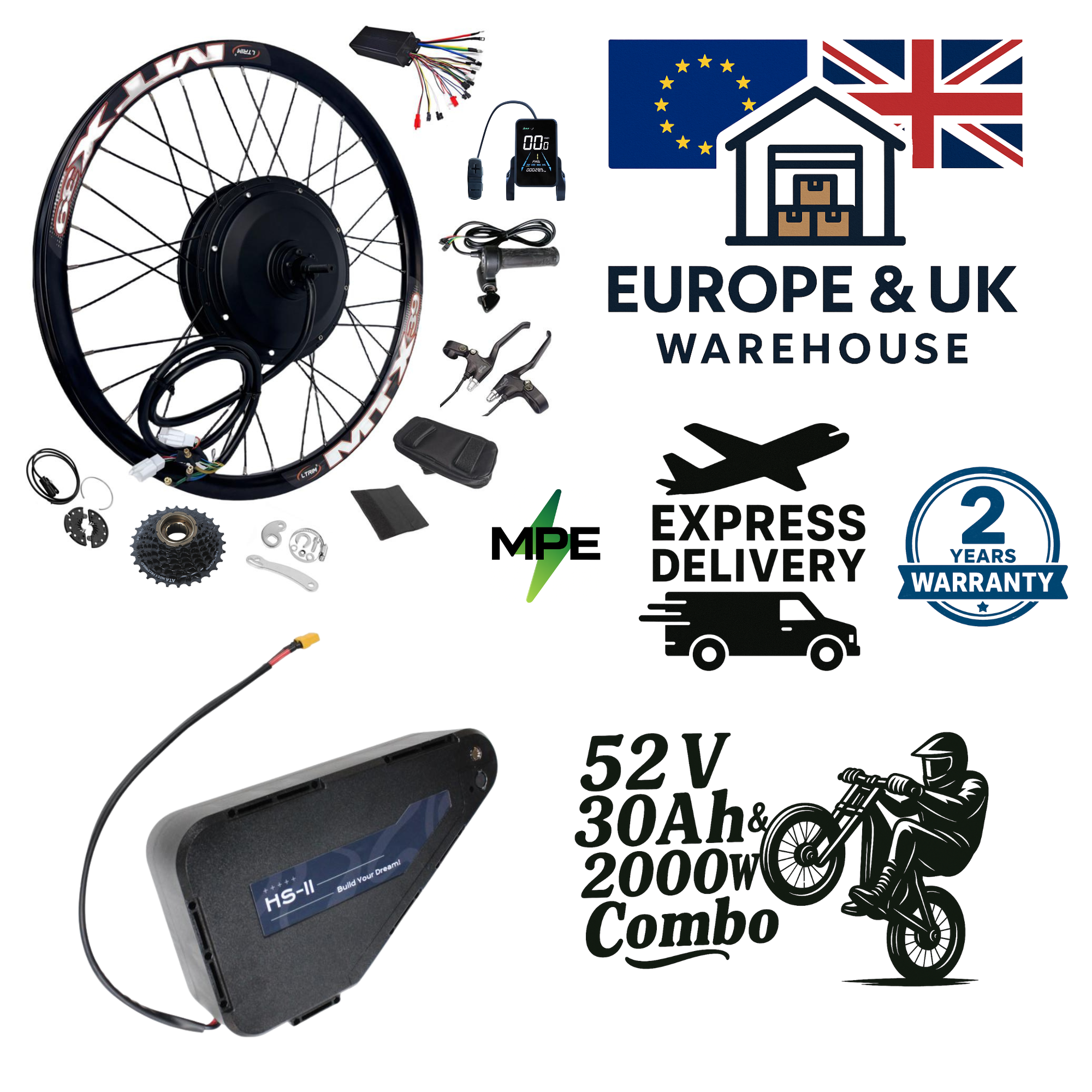 52V 30Ah 2000W MTX Full Ebike Motor Kit Combo FREE Worldwide Delivery (Includes battery)